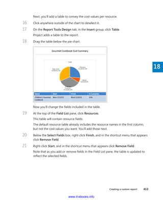 Creating a custom report    413
18
Next, you’ll add a table to convey the cost values per resource.
16	 Click anywhere outside of the chart to deselect it.
17	 On the Report Tools Design tab, in the Insert group, click Table.
Project adds a table to the report.
18	 Drag the table below the pie chart.
Now you’ll change the fields included in the table.
19	 At the top of the Field List pane, click Resources.
This table will contain resource fields.
The default resource table already includes the resource names in the first column,
but not the cost values you want. You’ll add those next.
20	 Below the Select Fields box, right-click Finish, and in the shortcut menu that appears
click Remove Field.
21	 Right-click Start, and in the shortcut menu that appears click Remove Field.
Note that as you add or remove fields in the Field List pane, the table is updated to
reflect the selected fields.
www.it-ebooks.info
 