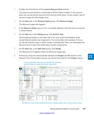Viewing assignment details in a resource pool    475
21
1	 Double-click the title bar of the Lucerne Resource Pool window.
The resource pool window is maximized to fill the Project window. In the resource
pool, you can see all the resources from the two sharer plans. To get a better view of
resource usage, you will change views.
2	 On the View tab, in the Resource Views group, click Resource Usage.
The Resource Usage view appears.
3	 In the Resource Name column, if it’s not already selected, click the name of resource
1, Carole Poland.
4	 On the Task tab, in the Editing group, click Scroll to Task.
The timephased details on the right side of the view scroll horizontally to show
Carole Poland’s earliest task assignments. The red numbers (for example, 16 hours
on July 20) indicate a day on which Carole is overallocated. Next, you will display the
Resource Form to get more detail about Carole’s assignments.
5	 On the View tab, in the Split View group, click Details.
The Resource Form appears below the Resource Usage view.
6	 If necessary, drag the vertical divider between the Project and ID columns in the
Resource Form to the right until you can see the full content in the Project column.
In this combination view, you can see both the resource’s
assigned tasks and details about each assignment.
The Resource Form shows assignments across multiple projects when using a resource pool.
www.it-ebooks.info
 
