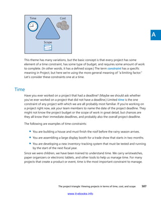 The project triangle: Viewing projects in terms of time, cost, and scope    507
A
Scope
Time Cost
This theme has many variations, but the basic concept is that every project has some
­element of a time constraint, has some type of budget, and requires some amount of work
to complete. (In other words, it has a defined scope.) The term constraint has a specific
meaning in Project, but here we’re using the more general meaning of “a limiting factor.”
Let’s consider these constraints one at a time.
Time
Have you ever worked on a project that had a deadline? (Maybe we should ask whether
you’ve ever worked on a project that did not have a deadline.) Limited time is the one
­constraint of any project with which we are all probably most familiar. If you’re working on
a project right now, ask your team members to name the date of the project deadline. They
might not know the project budget or the scope of work in great detail, but chances are
they all know their immediate deadlines, and probably also the overall project deadline.
The following are examples of time constraints:
▪▪ You are building a house and must finish the roof before the rainy season arrives.
▪▪ You are assembling a large display booth for a trade show that starts in two months.
▪▪ You are developing a new inventory-tracking system that must be tested and running
by the start of the next fiscal year.
Since we were children, we have been trained to understand time. We carry wristwatches,
paper organizers or electronic tablets, and other tools to help us manage time. For many
projects that create a product or event, time is the most important constraint to manage.
www.it-ebooks.info
 
