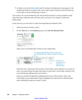 68    Chapter 4  Building a task list
▪▪ In tables, such as the Entry table, task ID numbers of predecessor tasks appear in the
Predecessor fields of successor tasks. (You might need to drag the vertical divider bar
to the right to see the Predecessor column.)
The scenario: At Lucerne Publishing, the new book launch plan is coming together nicely.
Tasks have been outlined under summary tasks, and you’re now ready to create task
relationships.
In this exercise, you link tasks to create task dependencies between them:
1	 Select the names of tasks 2 and 3.
2	 On the Task tab, in the Schedule group, click Link the Selected Tasks.
Tasks 2 and 3 are linked with a finish-to-start relationship.
The change highlighting indicates values that
are affected after you make a change to a project.
The link line
indicates a task
relationship
between tasks.
Note that task 3 previously had no start or finish date, but by making it a successor of
task 2, you gave Project enough information to give task 3 a start date: January 6, the
next working day following the end of task 2.
Have you noticed the light blue highlighting of some of the Duration, Start, and
Finish fields as you linked tasks? Project highlights the values that are affected after
each scheduling change you make in a plan.
www.it-ebooks.info
 