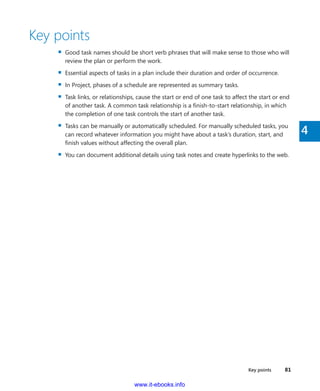 Key points    81
4
Key points
▪▪ Good task names should be short verb phrases that will make sense to those who will
review the plan or perform the work.
▪▪ Essential aspects of tasks in a plan include their duration and order of occurrence.
▪▪ In Project, phases of a schedule are represented as summary tasks.
▪▪ Task links, or relationships, cause the start or end of one task to affect the start or end
of another task. A common task relationship is a finish-to-start relationship, in which
the completion of one task controls the start of another task.
▪▪ Tasks can be manually or automatically scheduled. For manually scheduled tasks, you
can record whatever information you might have about a task’s duration, start, and
finish values without affecting the overall plan.
▪▪ You can document additional details using task notes and create hyperlinks to the web.
www.it-ebooks.info
 