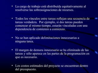 • La carga de trabajo está distribuida equitativamente al
resolverse las sobreasignaciones de recursos.
• Todos los vínculos entre tareas reflejan una secuencia de
tareas verdadera. Por ejemplo, si dos tareas pueden
comenzar al mismo tiempo, estarán vinculadas con una
dependencia de comienzo a comienzo.
• No se han aplicado delimitaciones innecesarias a
ninguna tarea.
• El margen de demora innecesario se ha eliminado de las
tareas y sólo aparece en las partes de la programación en
que es necesario.
• Los costos estimados del proyecto se encuentran dentro
del presupuesto.
 