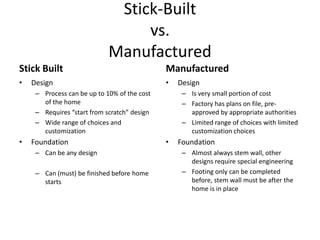 Stick-Built
                                  vs.
                             Manufactured
Stick Built                                   Manufactured
•   Design                                    •   Design
     – Process can be up to 10% of the cost        – Is very small portion of cost
       of the home                                 – Factory has plans on file, pre-
     – Requires “start from scratch” design          approved by appropriate authorities
     – Wide range of choices and                   – Limited range of choices with limited
       customization                                 customization choices
•   Foundation                                •   Foundation
     – Can be any design                           – Almost always stem wall, other
                                                     designs require special engineering
     – Can (must) be finished before home          – Footing only can be completed
       starts                                        before, stem wall must be after the
                                                     home is in place
 