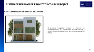 22.
El proyecto integrador consiste en elaborar un
cronograma para la construcción de una casa de 3
niveles. En donde, aplicaremos las herramientas de MS
Project
DISEÑO DE UN PLAN DE PROYECTOS CON MS PROJECT
Caso : Construcción de una casa de 3 niveles
 