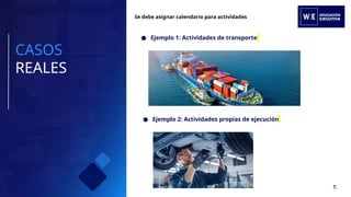 Se debe asignar calendario para actividades
18.
CASOS
REALES
● Ejemplo 1: Actividades de transporte
● Ejemplo 2: Actividades propias de ejecución
7.
 