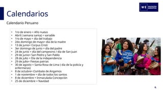 Calendarios
6.
Calendario Peruano
• 1ro de enero = Año nuevo
• Abril ( semana santa) = variable
• 1ro de mayo = día del trabajo
• 2do domingo de mayo= día de la madre
• 13 de junio= Corpus Cristi
• 3er domingo de junio = día del padre
• 24 de junio = día del campesino / día de San Juan
• 29 de junio= San Pedro y San Pablo
• 28 de julio = Día de la independencia
• 29 de julio= Fiestas patrias
• 30 de agosto = Santa Rosa de Lima ( día de la policía y
enfermeras)
• 8 de octubre= Combate de Angamos
• 1 de noviembre = día de todos los santos
• 8 de diciembre = Inmaculada Concepción
• 25 de diciembre = Navidad
 
