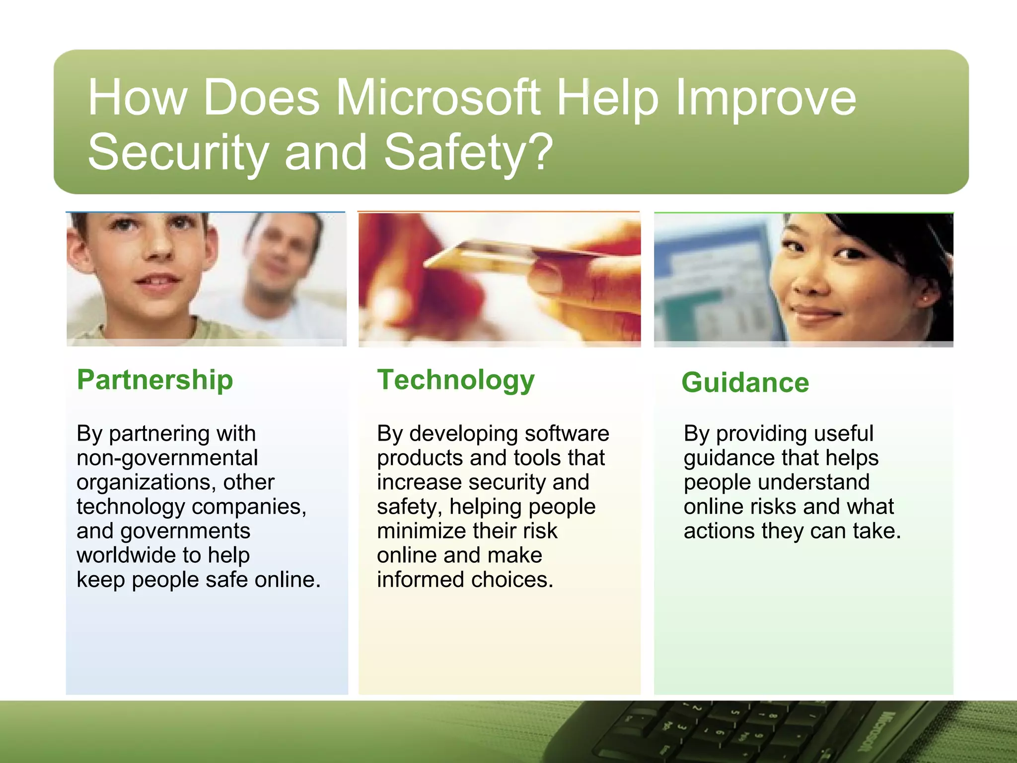 How Does Microsoft Help Improve
Security and Safety?
By developing software
products and tools that
increase security and
safety, helping people
minimize their risk
online and make
informed choices.
By partnering with
non-governmental
organizations, other
technology companies,
and governments
worldwide to help
keep people safe online.
By providing useful
guidance that helps
people understand
online risks and what
actions they can take.
Partnership Technology Guidance
 