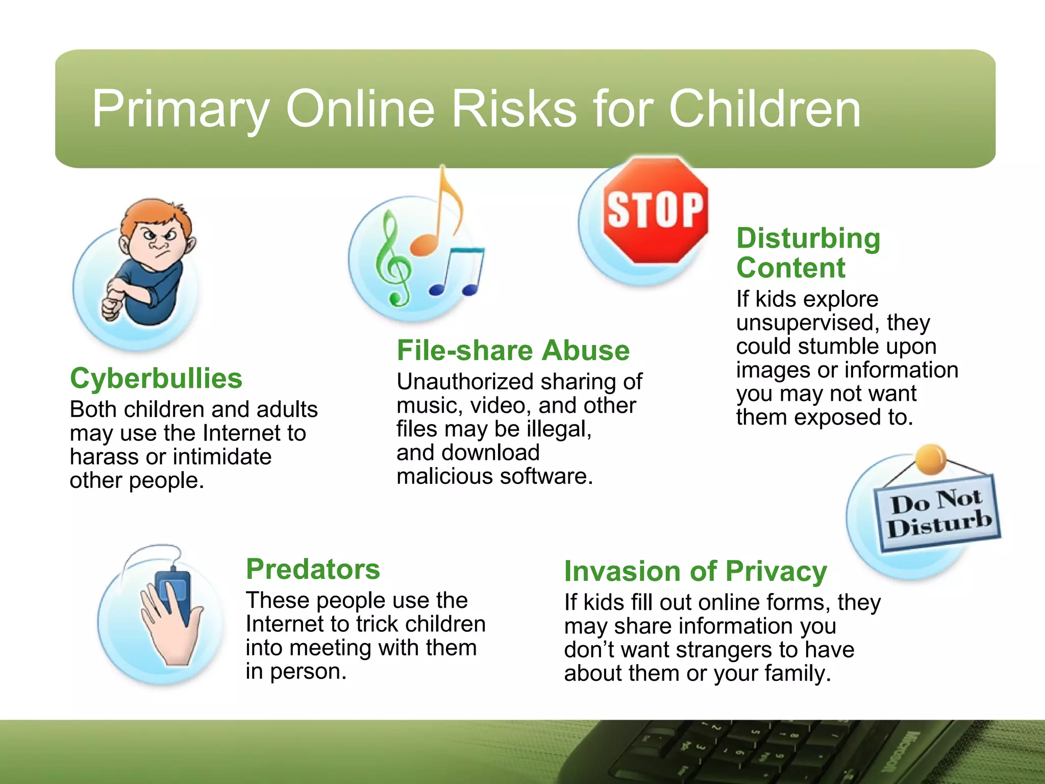 Predators
These people use the
Internet to trick children
into meeting with them
in person.
File-share Abuse
Unauthorized sharing of
music, video, and other
files may be illegal,
and download
malicious software.
Cyberbullies
Both children and adults
may use the Internet to
harass or intimidate
other people.
Invasion of Privacy
If kids fill out online forms, they
may share information you
don’t want strangers to have
about them or your family.
Disturbing
Content
If kids explore
unsupervised, they
could stumble upon
images or information
you may not want
them exposed to.
Primary Online Risks for Children
 