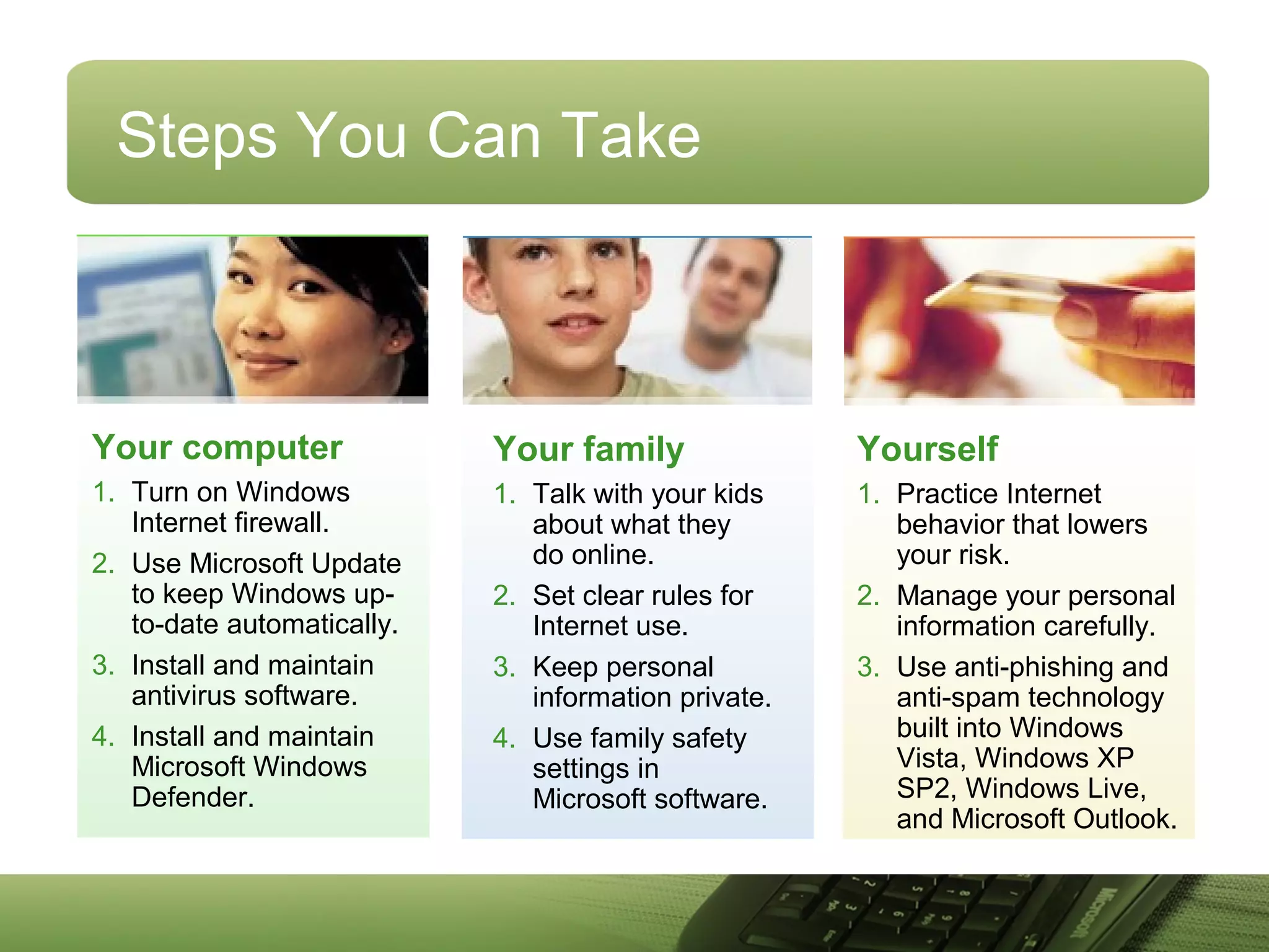 Steps You Can Take
Your computer
1. Turn on Windows
Internet firewall.
2. Use Microsoft Update
to keep Windows up-
to-date automatically.
3. Install and maintain
antivirus software.
4. Install and maintain
Microsoft Windows
Defender.
Yourself
1. Practice Internet
behavior that lowers
your risk.
2. Manage your personal
information carefully.
3. Use anti-phishing and
anti-spam technology
built into Windows
Vista, Windows XP
SP2, Windows Live,
and Microsoft Outlook.
Your family
1. Talk with your kids
about what they
do online.
2. Set clear rules for
Internet use.
3. Keep personal
information private.
4. Use family safety
settings in
Microsoft software.
 