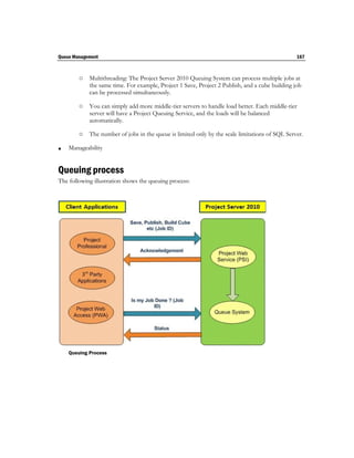 Queue Management                                                                                167



        o   Multithreading: The Project Server 2010 Queuing System can process multiple jobs at
            the same time. For example, Project 1 Save, Project 2 Publish, and a cube building job
            can be processed simultaneously.

        o   You can simply add more middle-tier servers to handle load better. Each middle-tier
            server will have a Project Queuing Service, and the loads will be balanced
            automatically.

        o   The number of jobs in the queue is limited only by the scale limitations of SQL Server.

   Manageability


Queuing process
The following illustration shows the queuing process:




    Queuing Process
 