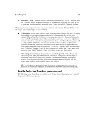 Queue Management                                                                                             175



       Timesheet Queue Primarily used for timesheet-related messages such as Timesheet Save
        and Timesheet Submit, although other types of messages may be sent to this queue as well.
        Its tables and stored procedures are stored in the Project Server 2010 Published database.

The two queues are designed the same way, except that their jobs reside in different databases. The
advantages in having two types of queues include:

       Performance: Storing queue job data in the same database as the core data saves the queue
        from making expensive cross-database calls during job processing. Let us look at an
        example: When a Timesheet Submit job occurs, the data entered by the user (for example,
        hours worked) is packaged as part of the submitted queue job and put into the SQL Server
        job store. Also, there is already existing information about a timesheet (duration, name, and
        so forth), and this information is available in the "Published" database. To process the
        Timesheet Submit job, both sets of data are necessary. Performance is improved if both
        these sets of data reside in the same database. That is why Timesheet queue jobs are stored
        in the "Published" database (where all timesheet core data resides) and Project queue jobs
        are stored in the "Draft" database (where most of the project core data resides).

       Fine-tuning: Every setting in the queue can be specified separately for the Project and
        Timesheet queues. This gives administrators flexibility in configuration. For example, if a
        customer is using Project Server 2010 primarily for timesheets and there are very few
        projects, the polling interval of the timesheet queue can be set to 10 seconds, and the
        project queue could be set to a slightly higher time interval.

        Note The polling interval specifies the frequency with which the queuing service checks either of
        the queues for new jobs. This setting can be specified in the Project Web App Queue Settings page.


    How the Project and Timesheet queues are used
    The following image shows how the modules in the Project Server Queuing System work with
    the project and timesheet queues.
 