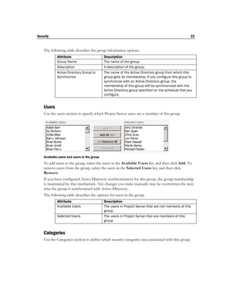 Security                                                                                              23


    The following table describes the group information options.
             Attribute                       Description
             Group Name                      The name of the group.
             Description                     A description of the group.
             Active Directory Group to       The name of the Active Directory group from which this
             Synchronize                     group gets its membership. If you configure this group to
                                             synchronize with an Active Directory group, the
                                             membership of this group will be synchronized with the
                                             Active Directory group specified on the schedule that you
                                             configure.


    Users
    Use the users section to specify which Project Server users are a member of this group.




    Available users and users in the group
    To add users to the group, select the users in the Available Users list, and then click Add. To
    remove users from the group, select the users in the Selected Users list, and then click
    Remove.
    If you have configured Active Directory synchronization for this group, the group membership
    is maintained by that mechanism. Any changes you make manually may be overwritten the next
    time the group is synchronized with Active Directory.
    The following table describes the options for users in the group.
             Attribute                       Description
             Available Users                 The users in Project Server that are not members of this
                                             group.
             Selected Users                  The users in Project Server that are members of this
                                             group.


    Categories
    Use the Categories section to define which security categories area associated with this group.
 
