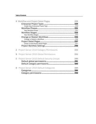 Table of Contents


8 Workflow and Project Detail Pages                                                 228
     Enterprise Project Types ..................................................... 229
             Create New Enterprise Project Type .....................................................................229
         Workflow Phases .................................................................. 231
             New Workflow Phase .............................................................................................231
         Workflow Stages ................................................................. 233
             New Workflow Stages ............................................................................................233
         Change or Restart Workflows ............................................. 236
             Change or Restart a Workflow ..............................................................................236
         Project Detail Pages .............................................................237
             Create or Edit Project Detail Pages .......................................................................237
         Project Workflow Settings ....................................................240
A Project Server 2010 Category Permissions                                                                              243
B Project Server 2010 Global Permissions                                                                                255
C Project Server 2010 Default Security Groups                                     280
     Default global permissions ..................................................281
     Default category permissions ............................................. 285
D Project Server 2010 Default Categories                                                    289
     Categories ........................................................................... 289
     Category permissions ......................................................... 290
 