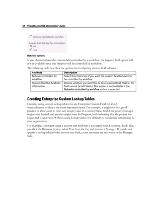 64 Project Server 2010 Administrator's Guide




    Behavior options
    If you choose to have the custom field controlled by a workflow, the required field option will
    not be available since that behavior will be controlled by workflow.
    The following table describes the options for configuring custom field behavior.
         Attribute                        Description
         Behavior controlled by           Select this check box if you want the custom field behavior to
         workflow                         be controlled by workflow.
         Require that this field has      Choose whether you want this to be a required field (that is, the
         information                      field cannot be left blank). This option is not available if the
                                          Behavior controlled by workflow option is selected.


    Creating Enterprise Custom Lookup Tables
    Consider using custom lookup tables for any Enterprise Custom Field for which
    standardization of data is the most important factor. For example, it might not be a good
    practice to allow users to enter any integer value in a custom Status field. One project manager
    might enter Started, and another might enter In-Progress, both indicating that the project has
    begun and is underway. Without using lookup tables, it is difficult to standardize terminology in
    your organization.
    For example, you might create a custom text field that is associated with Resources. To do this,
    you click the Resource option, select Text from the list, and rename it Manager. If you do not
    specify a lookup table for this custom text field, a user can enter any text value in the Manager
    field.
 