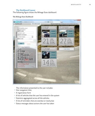 83modularity
The Dashboard Layout
The following figure shows the Mileage Stats dashboard.
The Mileage Stats Dashboard
The information presented to the user includes:
•	 Site navigation links
•	 A registration form
•	 A list of vehicles that the user has entered in the system
•	 Statistics aggregated across all the vehicles
•	 A list of reminders that are overdue or nearly due
•	 Status messages about actions the user has taken
 
