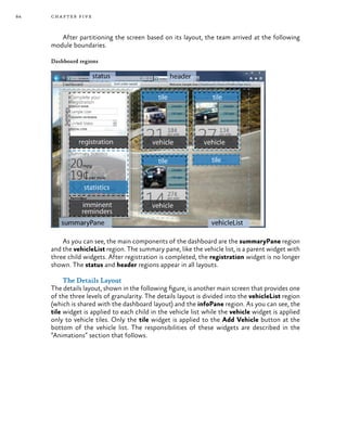 84 chapter five
After partitioning the screen based on its layout, the team arrived at the following
module boundaries.
Dashboard regions
As you can see, the main components of the dashboard are the summaryPane region
and the vehicleList region. The summary pane, like the vehicle list, is a parent widget with
three child widgets. After registration is completed, the registration widget is no longer
shown. The status and header regions appear in all layouts.
The Details Layout
The details layout, shown in the following figure, is another main screen that provides one
of the three levels of granularity. The details layout is divided into the vehicleList region
(which is shared with the dashboard layout) and the infoPane region. As you can see, the
tile widget is applied to each child in the vehicle list while the vehicle widget is applied
only to vehicle tiles. Only the tile widget is applied to the Add Vehicle button at the
bottom of the vehicle list. The responsibilities of these widgets are described in the
“Animations” section that follows.
 