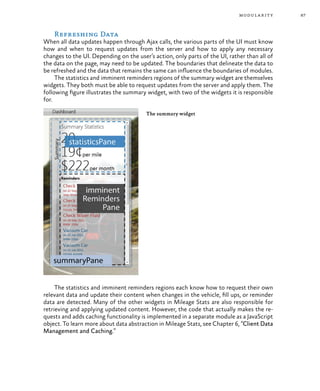87modularity
Refreshing Data
When all data updates happen through Ajax calls, the various parts of the UI must know
how and when to request updates from the server and how to apply any necessary
changes to the UI. Depending on the user’s action, only parts of the UI, rather than all of
the data on the page, may need to be updated. The boundaries that delineate the data to
be refreshed and the data that remains the same can influence the boundaries of modules.
The statistics and imminent reminders regions of the summary widget are themselves
widgets. They both must be able to request updates from the server and apply them. The
following figure illustrates the summary widget, with two of the widgets it is responsible
for.
The summary widget
The statistics and imminent reminders regions each know how to request their own
relevant data and update their content when changes in the vehicle, fill ups, or reminder
data are detected. Many of the other widgets in Mileage Stats are also responsible for
retrieving and applying updated content. However, the code that actually makes the re-
quests and adds caching functionality is implemented in a separate module as a JavaScript
object. To learn more about data abstraction in Mileage Stats, see Chapter 6, “Client Data
Management and Caching.”
 