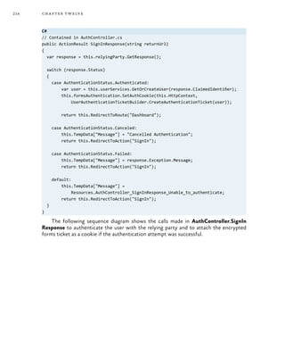 214 chapter twelve
C#
// Contained in AuthController.cs
public ActionResult SignInResponse(string returnUrl)
{
var response = this.relyingParty.GetResponse();
switch (response.Status)
{
case AuthenticationStatus.Authenticated:
var user = this.userServices.GetOrCreateUser(response.ClaimedIdentifier);
this.formsAuthentication.SetAuthCookie(this.HttpContext,
UserAuthenticationTicketBuilder.CreateAuthenticationTicket(user));
return this.RedirectToRoute("Dashboard");
case AuthenticationStatus.Canceled:
this.TempData["Message"] = "Cancelled Authentication";
return this.RedirectToAction("SignIn");
case AuthenticationStatus.Failed:
this.TempData["Message"] = response.Exception.Message;
return this.RedirectToAction("SignIn");
default:
this.TempData["Message"] =
Resources.AuthController_SignInResponse_Unable_to_authenticate;
return this.RedirectToAction("SignIn");
}
}
The following sequence diagram shows the calls made in AuthController.SignIn
Response to authenticate the user with the relying party and to attach the encrypted
forms ticket as a cookie if the authentication attempt was successful.
 