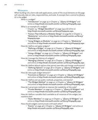 268 appendix b
Widgets
When building rich, client-side web applications, some of the visual elements on the page
will naturally take on roles, responsibilities, and state. A concept that is central to jQuery
UI is the widget.
What is a widget?
•	 “Introduction” on page 33 in Chapter 3, “jQuery UI Widgets” and
online at http://msdn.microsoft.com/en-us/library/hh404085.aspx.
What is an example of a widget?
•	 Chapter 14, “Widget QuickStart” on page 243 and online at
http://msdn.microsoft.com/en-us/library/hh404102.aspx.
•	 “Factors That Influence a Modular Design” on page 80 in Chapter 5,
“Modularity” and online at http://msdn.microsoft.com/en-us/library/
hh404079.aspx.
•	 “Using Widgets as Modules” on page 91 in Chapter 5, “Modularity”
and online at http://msdn.microsoft.com/en-us/library/hh404079.aspx.
How do I define and apply widgets?
•	 “Defining a Widget” on page 35 in Chapter 3, “jQuery UI Widgets”
and online at http://msdn.microsoft.com/en-us/library/hh404085.aspx.
•	 “Using a Widget” on page 35 in Chapter 3, “jQuery UI Widgets” and
online at http://msdn.microsoft.com/en-us/library/hh404085.aspx.
How do I manage the lifetime of widgets?
•	 “Managing Lifetime” on page 36 in Chapter 3, “jQuery UI Widgets”
and online at http://msdn.microsoft.com/en-us/library/hh404085.aspx.
How do I define default options that permit overrides and change notifications?
•	 “Defining Options” on page 38 in Chapter 3, “jQuery UI Widgets” and
online at http://msdn.microsoft.com/en-us/library/hh404085.aspx.
How do I decouple widget behavior?
•	 “Functions as Options” on page 40 in Chapter 3, “jQuery UI Widgets”
and online at http://msdn.microsoft.com/en-us/library/hh404085.aspx.
How do I define and use public methods, properties, and events?
•	 “The Widget Method” on page 41 in Chapter 3, “jQuery UI Widgets”
and online at http://msdn.microsoft.com/en-us/library/hh404085.aspx.
How do I use private methods to improve the readability of the code?
•	 “Private Members” on page 43 in Chapter 3, “jQuery UI Widgets” and
online at http://msdn.microsoft.com/en-us/library/hh404085.aspx.
How do I define a variable that’s available to all instances of the widget, but
nowhere else?
•	 “Static Members” on page 44 in Chapter 3, “jQuery UI Widgets” and
online at http://msdn.microsoft.com/en-us/library/hh404085.aspx.
How should widgets communicate with each other?
•	 “Events” on page 46 in Chapter 3, “jQuery UI Widgets” and online at
http://msdn.microsoft.com/en-us/library/hh404085.aspx.
 