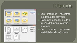  Los informes muestran
los datos del proyecto.
 Podemos acceder a ello a
través del menú informe –
informes.
 Se puede observar
variabilidad de informes.
 