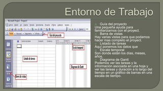  Guía del proyecto
Una pequeña ayuda para
familiarizarnos con el proyect.
 Barra de vistas
Hay varias vistas para que podamos
hacer mas completo el proyect.
 Listado de tareas
Aquí ponemos los datos que
 Escala temporal
Son donde están los días, meses,
años.
 Diagrama de Gantt
Podemos ver las tareas y la
información asociada en una hoja y
ver las tareas y duración a lo largo del
tiempo en un gráfico de barras en una
escala de tiempo.
 