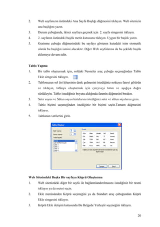 2.    Web sayfanızın üstündeki Ana Sayfa Başlığı düğmesini tıklayın. Web sitenizin
      ana başlığını yazın.
3.    Durum çubuğunda, ikinci sayfaya geçmek için 2. sayfa simgesini tıklayın.
4.    2. sayfanın üstündeki başlık metin kutusunu tıklayın. Uygun bir başlık yazın.
5.    Gezinme çubuğu düğmesindeki bu sayfayı gösteren kutudaki isim otomatik
      olarak bu başlığın ismini alacaktır. Diğer Web sayfalarına da bu şekilde başlık
      eklemeye devam edin.


Tablo Yapma
1.    Bir tablo oluşturmak için, soldaki Nesneler araç çubuğu seçeneğinden Tablo
      Ekle simgesini tıklayın.
2.    Tablonuzun sol üst köşesinin denk gelmesini istediğiniz noktaya fareyi götürün
      ve tıklayın, tabloyu oluşturmak için çerçeveyi tutun ve aşağıya doğru
      sürükleyin. Tablo istediğiniz boyutu aldığında farenin düğmesini bırakın.
3.    Satır sayısı ve Sütun sayısı kutularına istediğiniz satır ve sütun sayılarını girin.
4.    Tablo biçimi seçeneğinden istediğiniz bir biçimi seçin.Tamam düğmesini
      tıklayın.
5.    Tablonun verilerini girin.




Web Sitesindeki Başka Bir sayfaya Köprü Oluşturma
1.    Web sitenizdeki diğer bir sayfa ile bağlantılandırılmasını istediğiniz bir resmi
      tıklayın ya da metni seçin.
2.    Ekle menüsünden Köprü seçeneğini ya da Standart araç çubuğundan Köprü
      Ekle simgesini tıklayın.
3.    Köprü Ekle iletişim kutusunda Bu Belgede Yerleştir seçeneğini tıklayın.


                                                                                        20
 