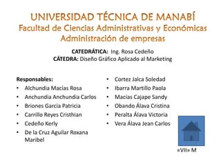 CATEDRÁTICA: Ing. Rosa Cedeño
CÁTEDRA: Diseño Gráfico Aplicado al Marketing
Responsables:
• Alchundia Macías Rosa
• Anchundia Anchundia Carlos
• Briones García Patricia
• Carrillo Reyes Cristhian
• Cedeño Kerly
• De la Cruz Aguilar Roxana
Maribel

•
•
•
•
•
•

Cortez Jalca Soledad
Ibarra Martillo Paola
Macías Cajape Sandy
Obando Álava Cristina
Peralta Álava Victoria
Vera Álava Jean Carlos

«VII» M

 