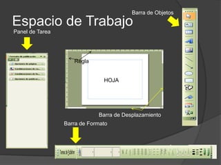 Barra de Objetos

Espacio de Trabajo
Panel de Tarea




                    Regla


                               HOJA




                             Barra de Desplazamiento
                 Barra de Formato
 