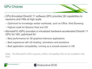GPU Choices
• CPU-Emulated DirectX 11 software GPU provides 3D capabilities to
sessions and VMs at high scale
– Optimized for knowledge worker workloads, such as Office, Web Browsing
– Highest scale for Session Host and VDI
• RemoteFX vGPU provides a virtualized hardware-accelerated DirectX 11
GPU for VDI, optimized for
– Best performance for 3D graphics-intensive applications
– Best experience with full shading, animations and transitions
– Best application compatibility, running as a console session in VM
 