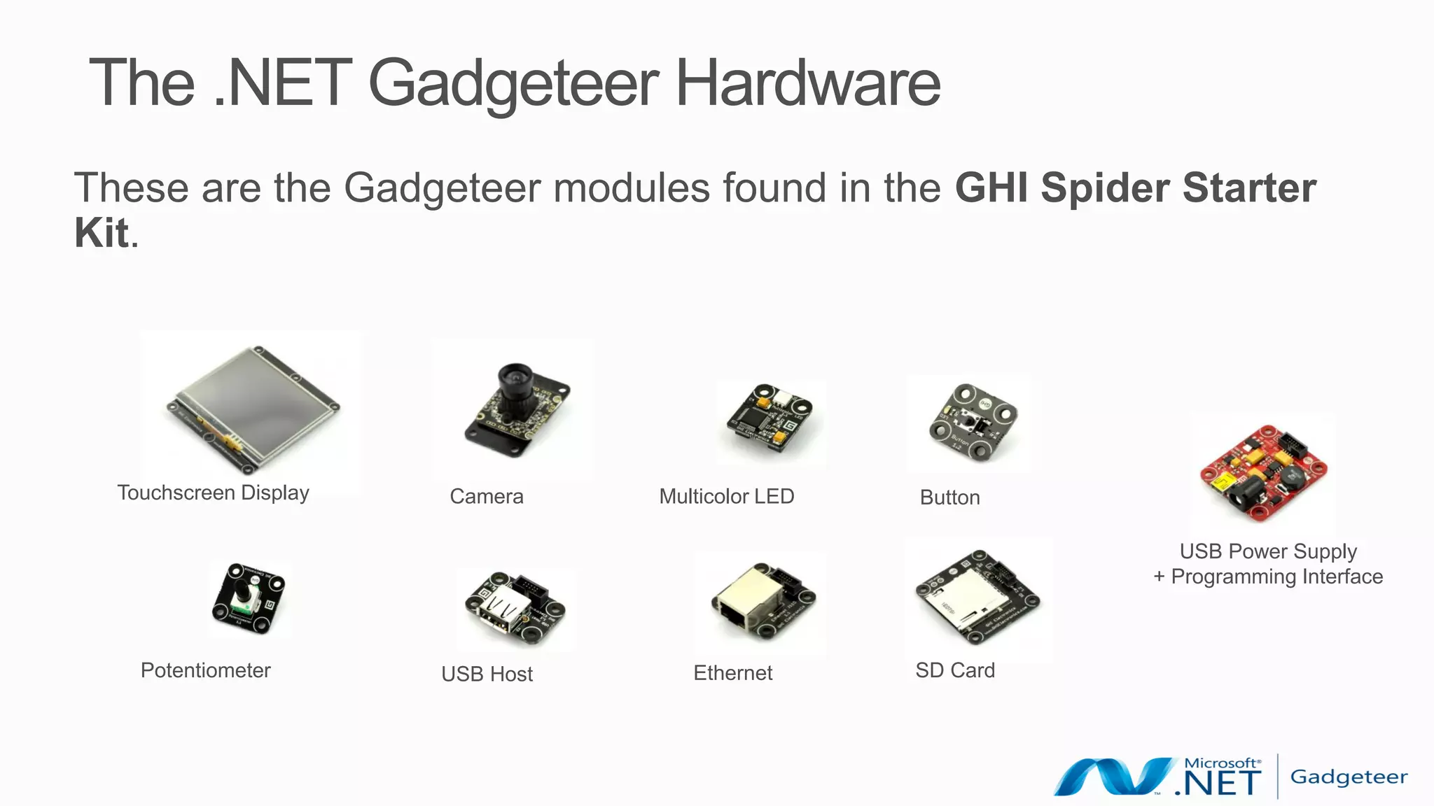 The .NET Gadgeteer Hardware
These are the Gadgeteer modules found in the GHI Spider Starter
Kit.




  Touchscreen Display   Camera     Multicolor LED   Button

                                                                 USB Power Supply
                                                              + Programming Interface



    Potentiometer       USB Host      Ethernet      SD Card
 