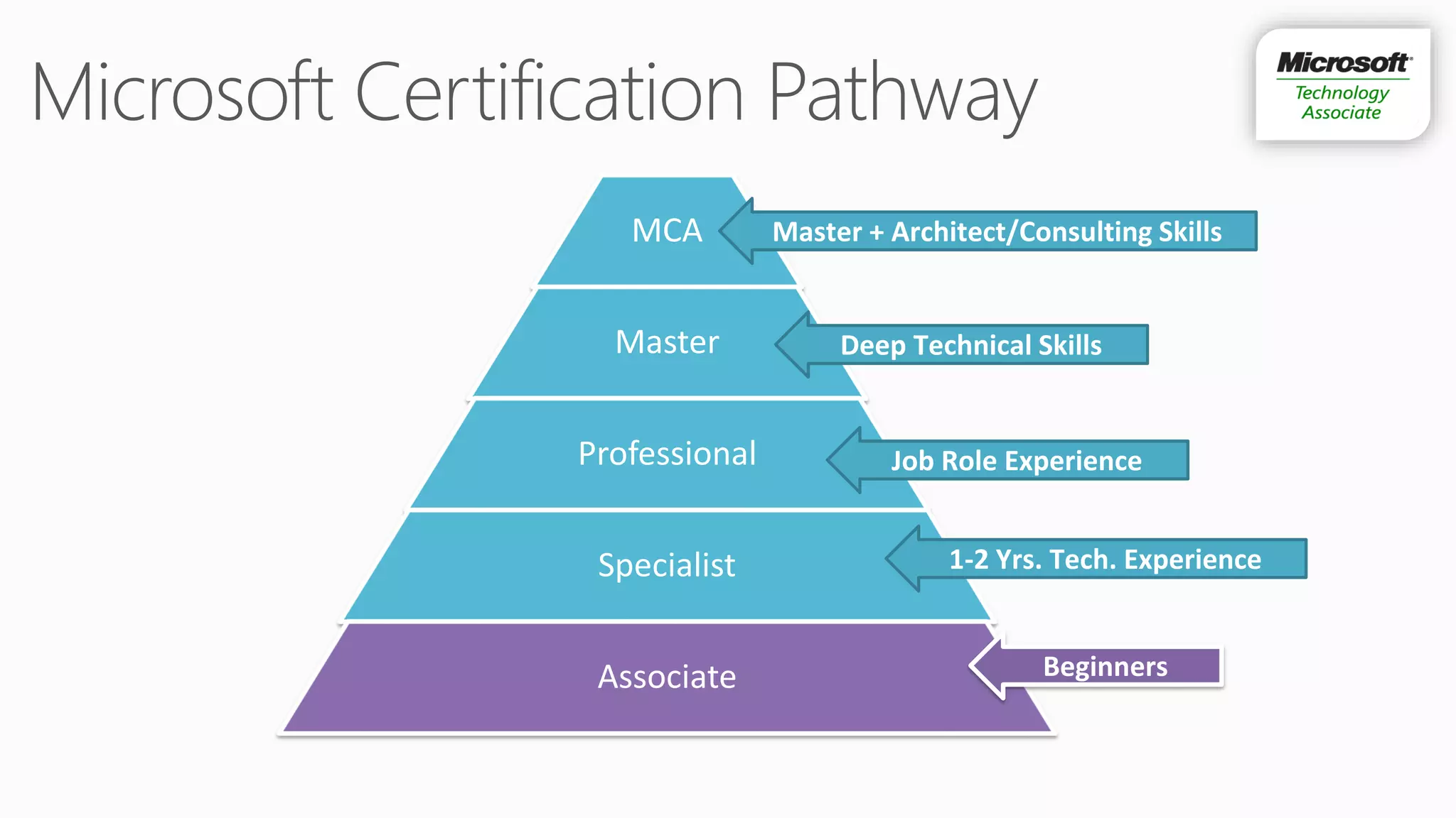 MCA         Master + Architect/Consulting Skills


  Master            Deep Technical Skills


Professional            Job Role Experience


 Specialist                  1-2 Yrs. Tech. Experience


 Associate                          Beginners
 