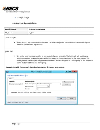 80 | P a g e
7. ‫البيانات‬ ‫مزامنة‬
8.2 ‫االصناف‬ ‫وقوالب‬ ‫تشكيالت‬ ‫مزامنة‬
Requirement Process Assortment
‫الوحدة‬ ‫اسم‬ ‫التجزئة‬
‫المتطلبات‬ ‫:تعريف‬
▪ Sends product assortments to retail stores. The scheduler job for assortments it is automatically run
when an assortment it is published.
‫ح‬ ‫ر‬‫المقت‬ ‫:الحل‬
▪ Set up the assortments scheduler to run periodically as a batch job. The batch job will update any
assortments when new products are added to categories that are assigned to the assortments. This
batch job also automatically assigns the assortments that are assigned to a store group to any new retail
stores that are added to the store group.
Navigate: Retail & Commerce Data Synchronization  Process Assortments.
 