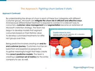 4
Approach Continued:
By understanding the drivers of churn in each of these four categories with different
customer groups, Microsoft can mitigate the churn risk in efficient and effective ways.
And because differentiated treatment is required to connect in a relevant way to
consumers, customer value management and segmentation become an extension of
Microsoft’s retention strategy. The team has
begun to develop models that segment
consumers based on their lifetime value
to develop customized treatments for diffe-
rent groups over time.
Being predictive involves creating an end-to-
end customer journey. Customers must be an-
lyzed from and experience perspective
to gather meaningful insight that helps create
the correct predictive models. The team is
creating a common set of metrics for the entire
company to use, as well.
The Approach: Fighting churn before it starts
 