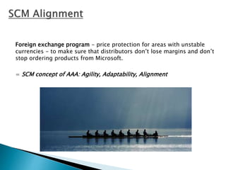 Foreign exchange program - price protection for areas with unstable
currencies - to make sure that distributors don’t lose margins and don’t
stop ordering products from Microsoft.
= SCM concept of AAA: Agility, Adaptability, Alignment
 