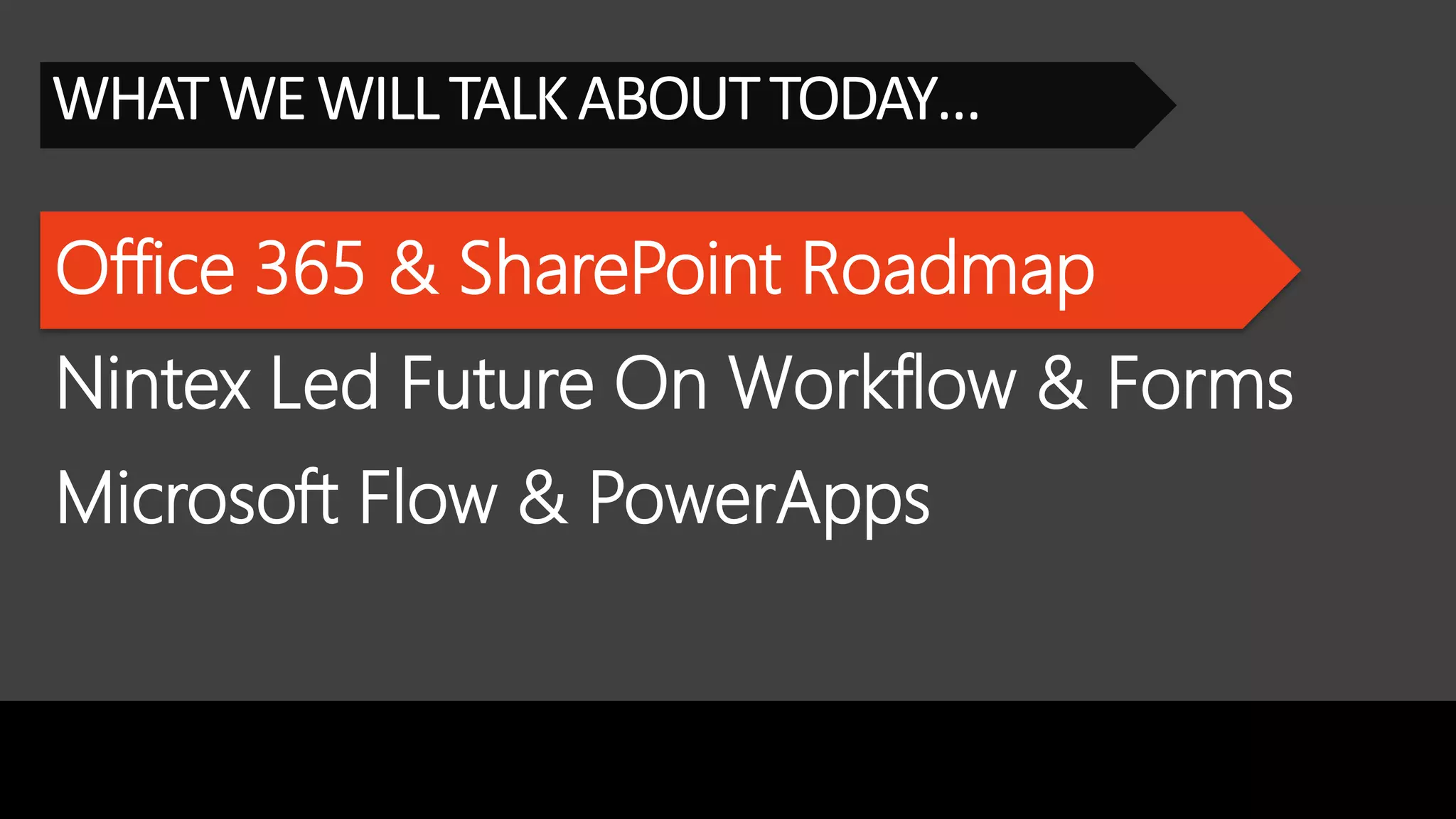 Office 365 & SharePoint Roadmap
WHATWEWILLTALKABOUTTODAY…
Nintex Led Future On Workflow & Forms
Microsoft Flow & PowerApps
 