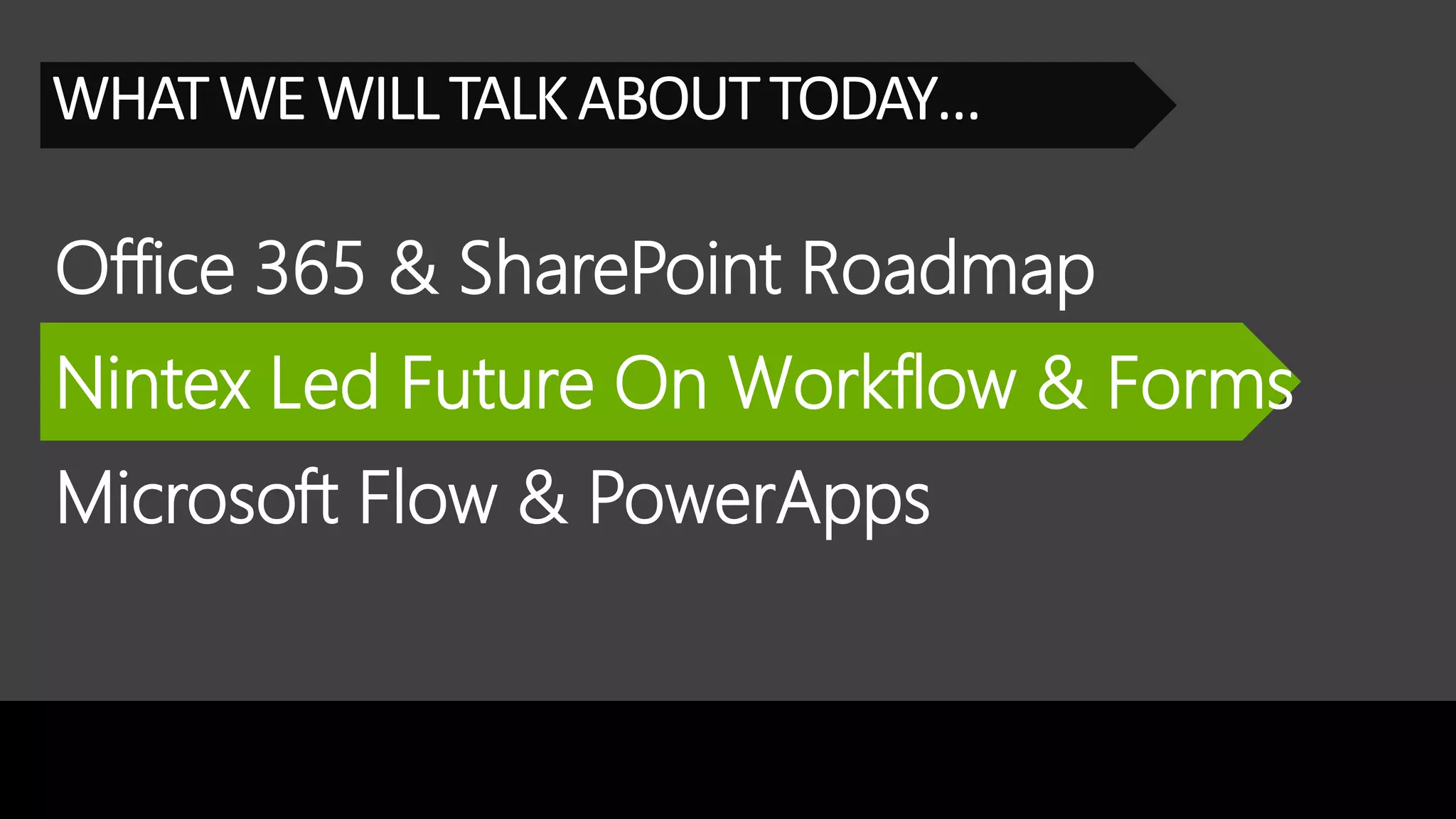 Office 365 & SharePoint Roadmap
WHATWEWILLTALKABOUTTODAY…
Nintex Led Future On Workflow & Forms
Microsoft Flow & PowerApps
 