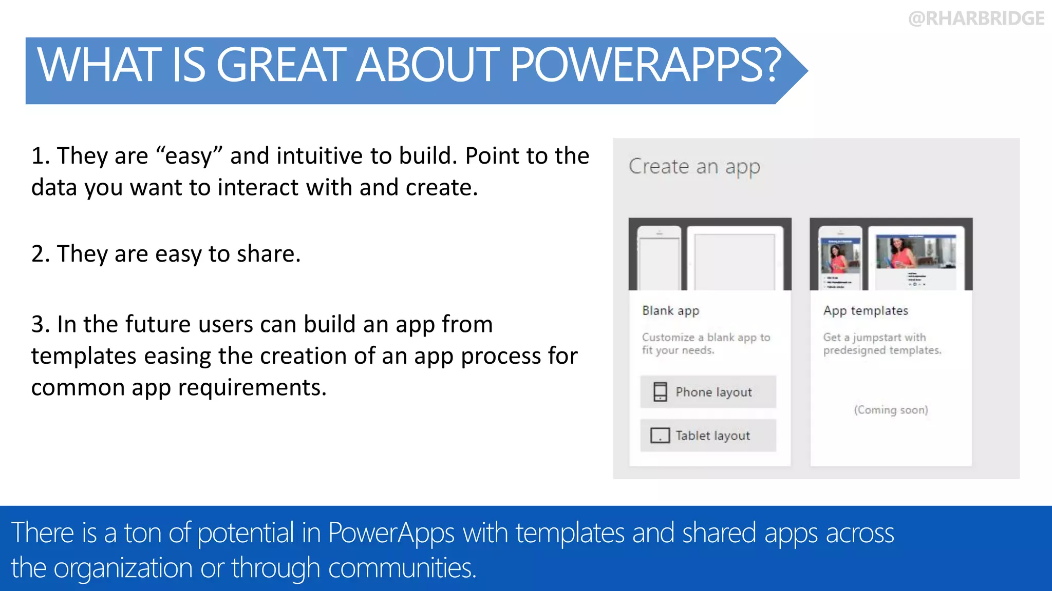 @RHARBRIDGE
WHAT IS GREAT ABOUT POWERAPPS?
There is a ton of potential in PowerApps with templates and shared apps across
the organization or through communities.
2. They are easy to share.
1. They are “easy” and intuitive to build. Point to the
data you want to interact with and create.
3. In the future users can build an app from
templates easing the creation of an app process for
common app requirements.
 