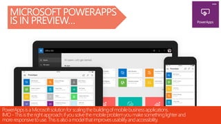 @RHARBRIDGE
MICROSOFT POWERAPPS
IS IN PREVIEW…
PowerAppsisa Microsoftsolutionforscalingthebuildingofmobilebusinessapplications.
IMO- Thisistherightapproach:ifyousolvethemobileproblemyoumakesomethinglighterand
moreresponsivetouse.Thisisalsoamodelthatimprovesusabilityandaccessibility.
 