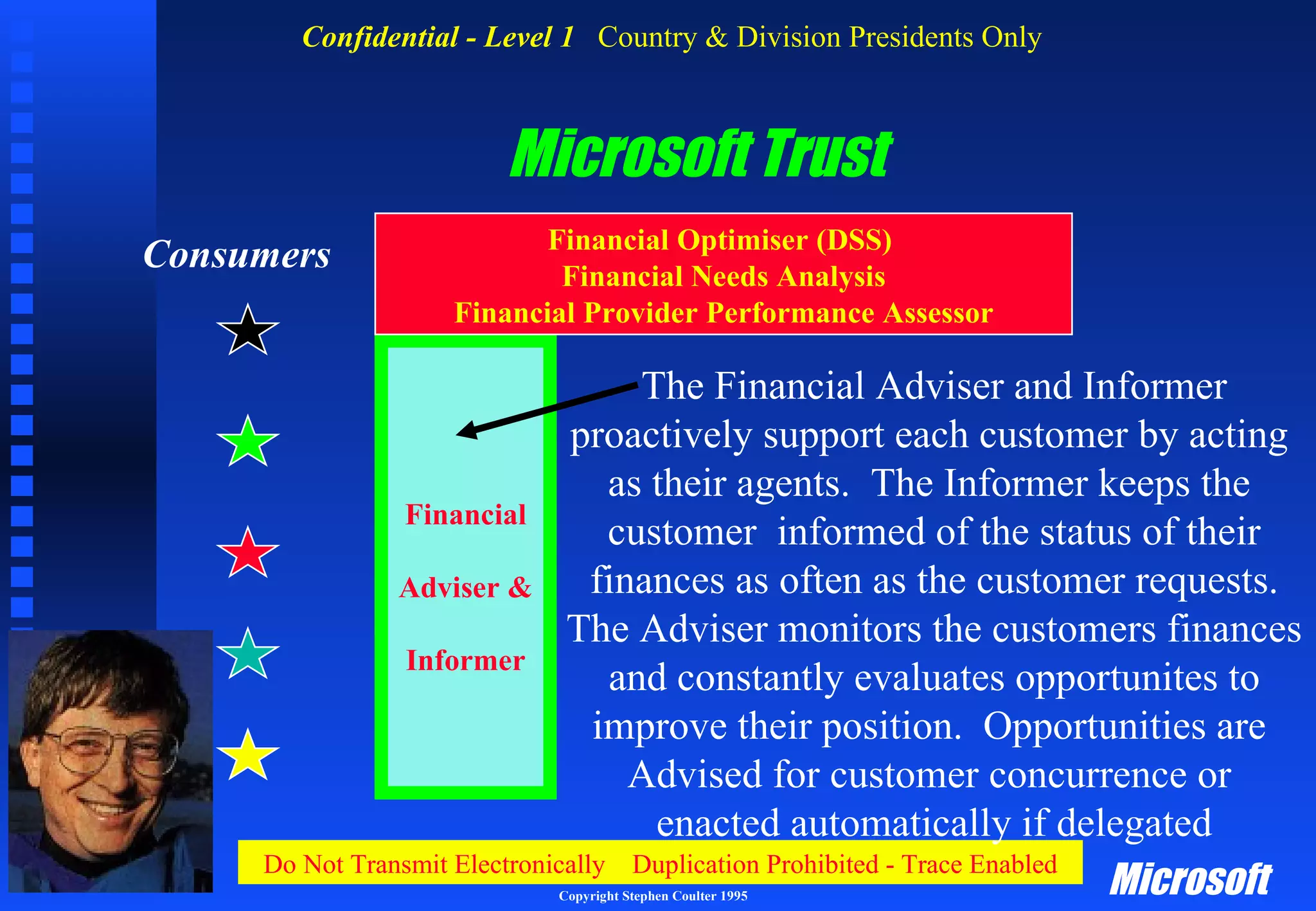 Microsoft Trust Consumers Financial Adviser & Informer Financial Optimiser (DSS)  Financial Needs Analysis Financial Provider Performance Assessor The Financial Adviser and Informer proactively support each customer by acting  as their agents.  The Informer keeps the  customer  informed of the status of their finances as often as the customer requests. The Adviser monitors the customers finances and constantly evaluates opportunites to improve their position.  Opportunities are  Advised for customer concurrence or  enacted automatically if delegated 