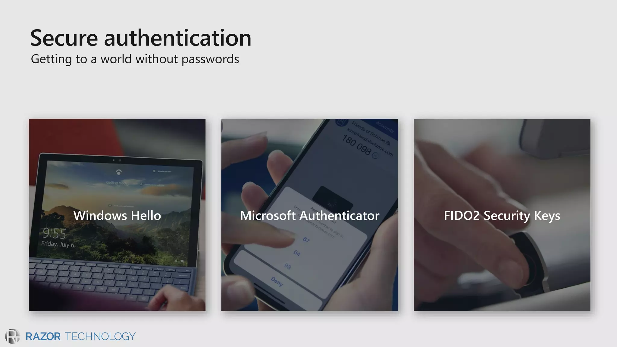 Getting to a world without passwords
Microsoft Authenticator FIDO2 Security KeysWindows Hello
 