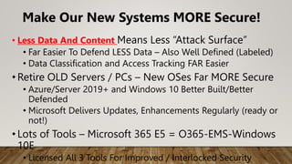Make Our New Systems MORE Secure!
• Less Data And Content Means Less “Attack Surface”
• Far Easier To Defend LESS Data – Also Well Defined (Labeled)
• Data Classification and Access Tracking FAR Easier
• Retire OLD Servers / PCs – New OSes Far MORE Secure
• Azure/Server 2019+ and Windows 10 Better Built/Better
Defended
• Microsoft Delivers Updates, Enhancements Regularly (ready or
not!)
• Lots of Tools – Microsoft 365 E5 = O365-EMS-Windows
10E
• Licensed All 3 Tools For Improved / Interlocked Security
 