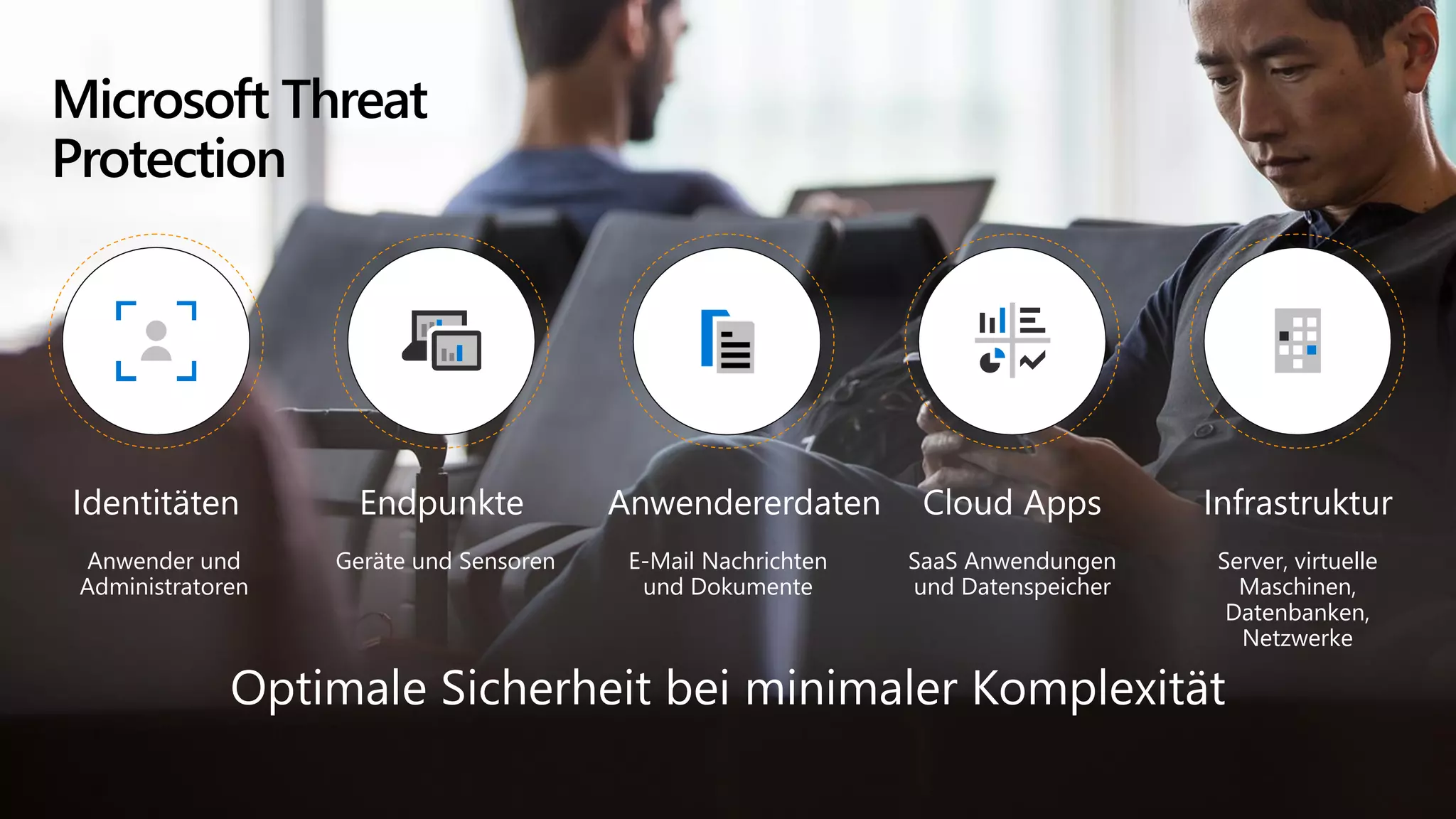 Microsoft Threat
Protection
Identitäten Endpunkte Anwendererdaten Cloud Apps Infrastruktur
Anwender und
Administratoren
Geräte und Sensoren E-Mail Nachrichten
und Dokumente
SaaS Anwendungen
und Datenspeicher
Server, virtuelle
Maschinen,
Datenbanken,
Netzwerke
Optimale Sicherheit bei minimaler Komplexität
 