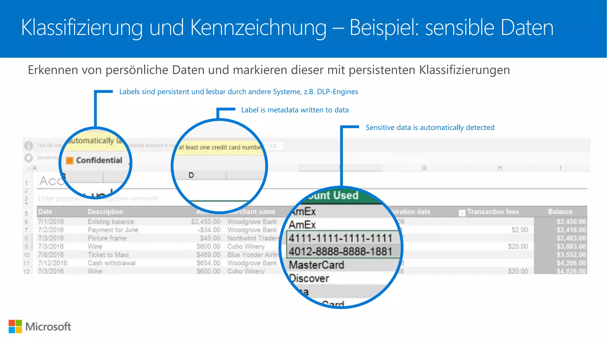 Erkennen von persönliche Daten und markieren dieser mit persistenten Klassifizierungen
Klassifizierung und Kennzeichnung – Beispiel: sensible Daten
Labels sind persistent und lesbar durch andere Systeme, z.B. DLP-Engines
Label is metadata written to data
Sensitive data is automatically detected
 