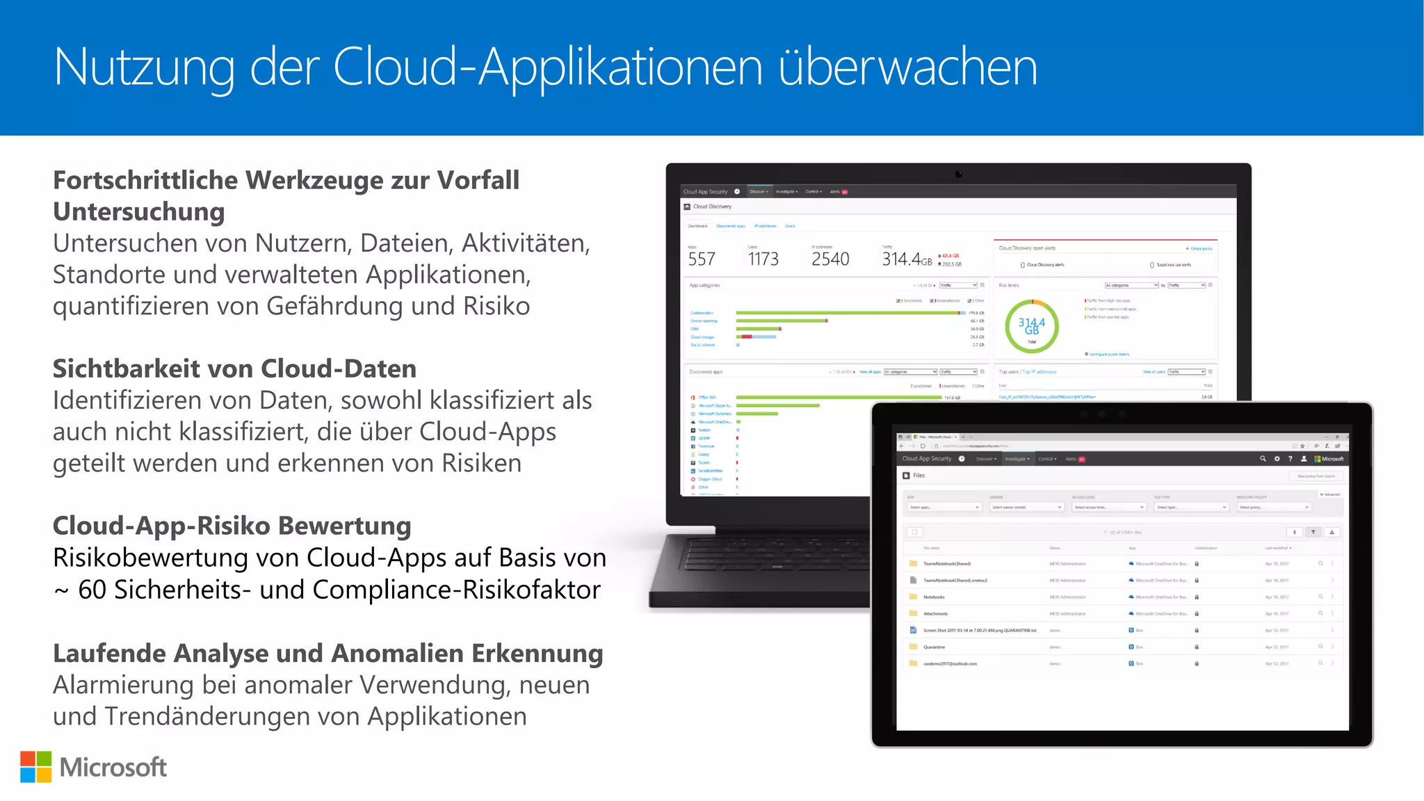 Fortschrittliche Werkzeuge zur Vorfall
Untersuchung
Untersuchen von Nutzern, Dateien, Aktivitäten,
Standorte und verwalteten Applikationen,
quantifizieren von Gefährdung und Risiko
Sichtbarkeit von Cloud-Daten
Identifizieren von Daten, sowohl klassifiziert als
auch nicht klassifiziert, die über Cloud-Apps
geteilt werden und erkennen von Risiken
Cloud-App-Risiko Bewertung
Risikobewertung von Cloud-Apps auf Basis von
~ 60 Sicherheits- und Compliance-Risikofaktor
Laufende Analyse und Anomalien Erkennung
Alarmierung bei anomaler Verwendung, neuen
und Trendänderungen von Applikationen
Nutzung der Cloud-Applikationen überwachen
 