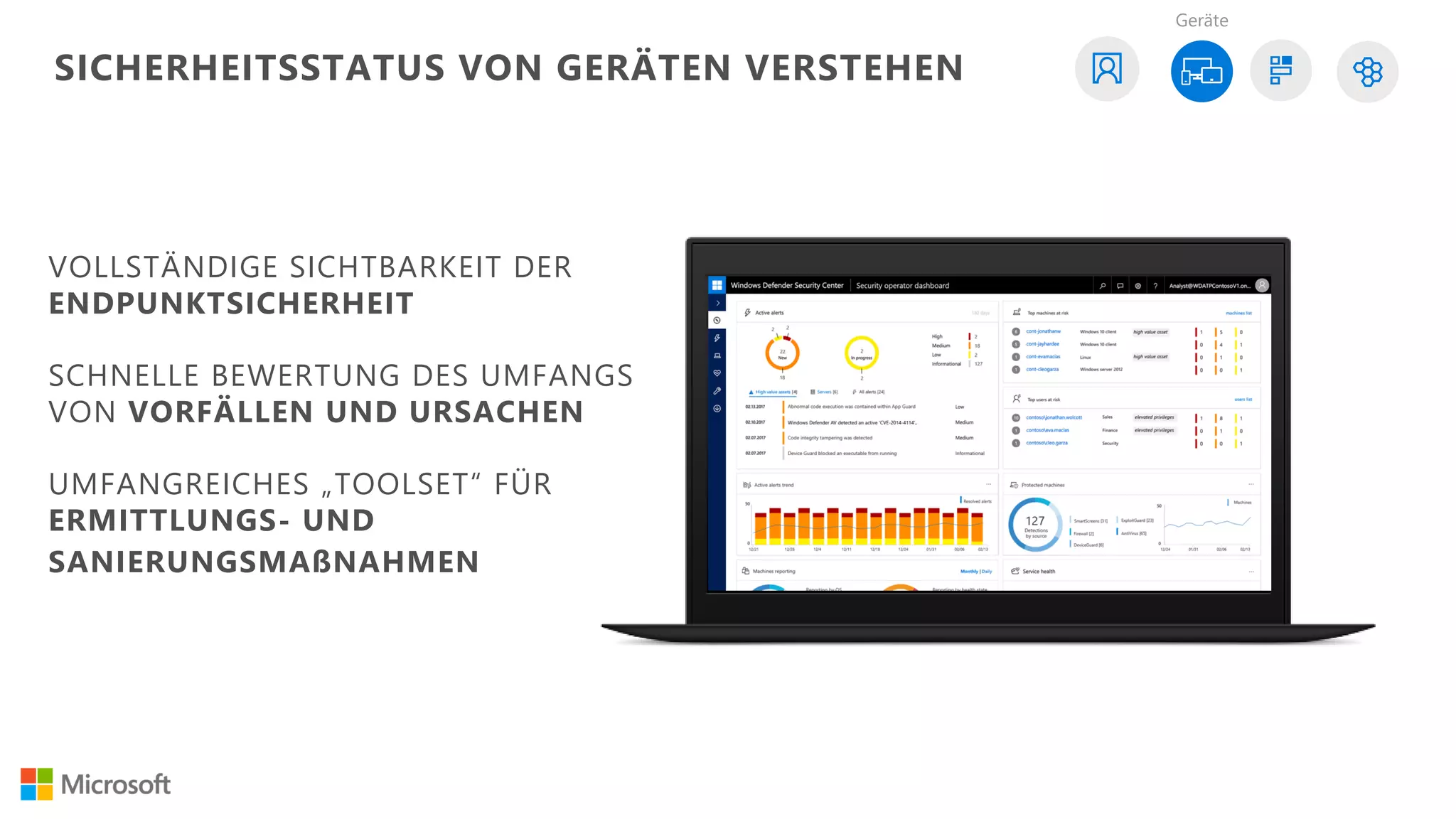 VOLLSTÄNDIGE SICHTBARKEIT DER
ENDPUNKTSICHERHEIT
SCHNELLE BEWERTUNG DES UMFANGS
VON VORFÄLLEN UND URSACHEN
UMFANGREICHES „TOOLSET“ FÜR
ERMITTLUNGS- UND
SANIERUNGSMAßNAHMEN
Geräte
SICHERHEITSSTATUS VON GERÄTEN VERSTEHEN
 