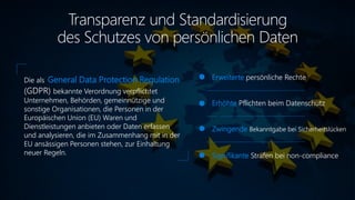Transparenz und Standardisierung
des Schutzes von persönlichen Daten
Erweiterte persönliche Rechte
Erhöhte Pflichten beim Datenschutz
Zwingende Bekanntgabe bei Sicherheitslücken
Signifikante Strafen bei non-compliance
Die als General Data Protection Regulation
(GDPR) bekannte Verordnung verpflichtet
Unternehmen, Behörden, gemeinnützige und
sonstige Organisationen, die Personen in der
Europäischen Union (EU) Waren und
Dienstleistungen anbieten oder Daten erfassen
und analysieren, die im Zusammenhang mit in der
EU ansässigen Personen stehen, zur Einhaltung
neuer Regeln.
 