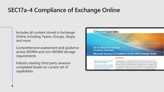 Includes all content stored in Exchange
Online including Teams, Groups, Skype,
and more
Comprehensive assessment and guidance
across WORM and non-WORM storage
requirements
Industry leading third party assessor
completed based on current set of
capabilities
 