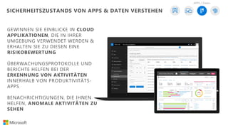 GEWINNEN SIE EINBLICKE IN CLOUD
APPLIKATIONEN, DIE IN IHRER
UMGEBUNG VERWENDET WERDEN &
ERHALTEN SIE ZU DIESEN EINE
RISIKOBEWERTUNG
ÜBERWACHUNGSPROTOKOLLE UND
BERICHTE HELFEN BEI DER
ERKENNUNG VON AKTIVITÄTEN
INNERHALB VON PRODUKTIVITÄTS-
APPS
BENACHRICHTIGUNGEN, DIE IHNEN
HELFEN, ANOMALE AKTIVITÄTEN ZU
SEHEN
APPS / Daten
SICHERHEITSZUSTANDS VON APPS & DATEN VERSTEHEN
 