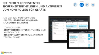 EIN ORT ZUM KONFIGURIEREN
DER VOLLSTÄNDIGE WINDOWS-
SICHERHEIT ELEMENTE
KONTROLLE DER
GERÄTESICHERHEITSRICHTLINIEN UND
ANZEIGEN DES
BEREITSTELLUNGSSTATUS AN EINEM
ZENTRALEN ORT
Geräte
DEFINIEREN KONSISTENTER
SICHERHEITSRICHTLINIEN UND AKTIVIEREN
VON KONTROLLEN FÜR GERÄTE
 