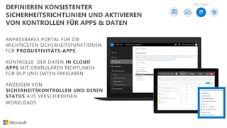ANPASSBARES PORTAL FÜR DIE
WICHTIGSTEN SICHERHEITSFUNKTIONEN
FÜR PRODUKTIVITÄTS-APPS
KONTROLLE DER DATEN IN CLOUD
APPS MIT GRANULAREN RICHTLINIEN
FÜR DLP UND DATEN FREIGABEN
ANZEIGEN VON
SICHERHEITSKONTROLLEN UND DEREN
STATUS AUS VERSCHIEDENEN
WORKLOADS
APPS / Daten
DEFINIEREN KONSISTENTER
SICHERHEITSRICHTLINIEN UND AKTIVIEREN
VON KONTROLLEN FÜR APPS & DATEN
 